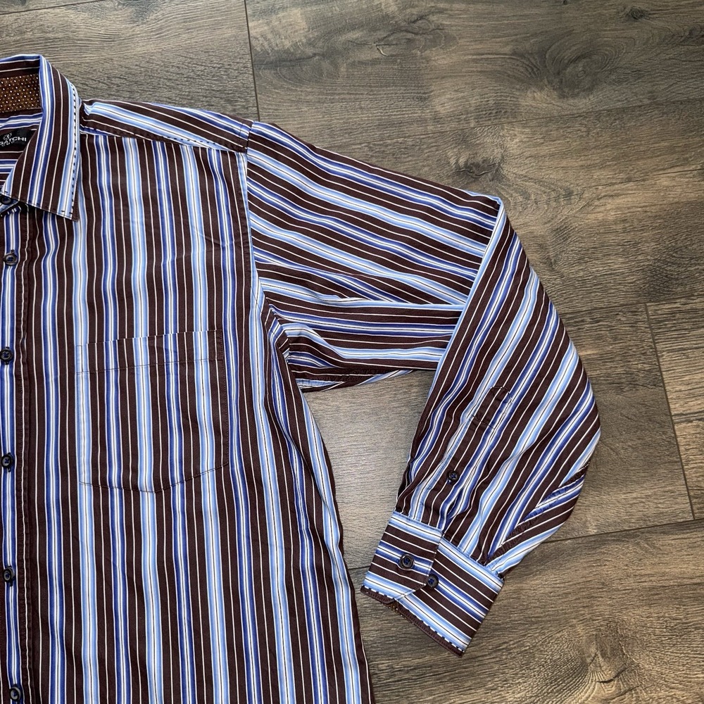 Bugatchi Uomo Mens Shirt Button Up Brown Striped Classic Fit Long Sleeve Sz L - Picture 6 of 11